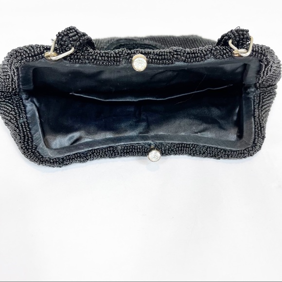 Vintage Delill Black Beaded Sequins Evening Bag Purse W/Strap Glass Kiss Clasp - Picture 6 of 10